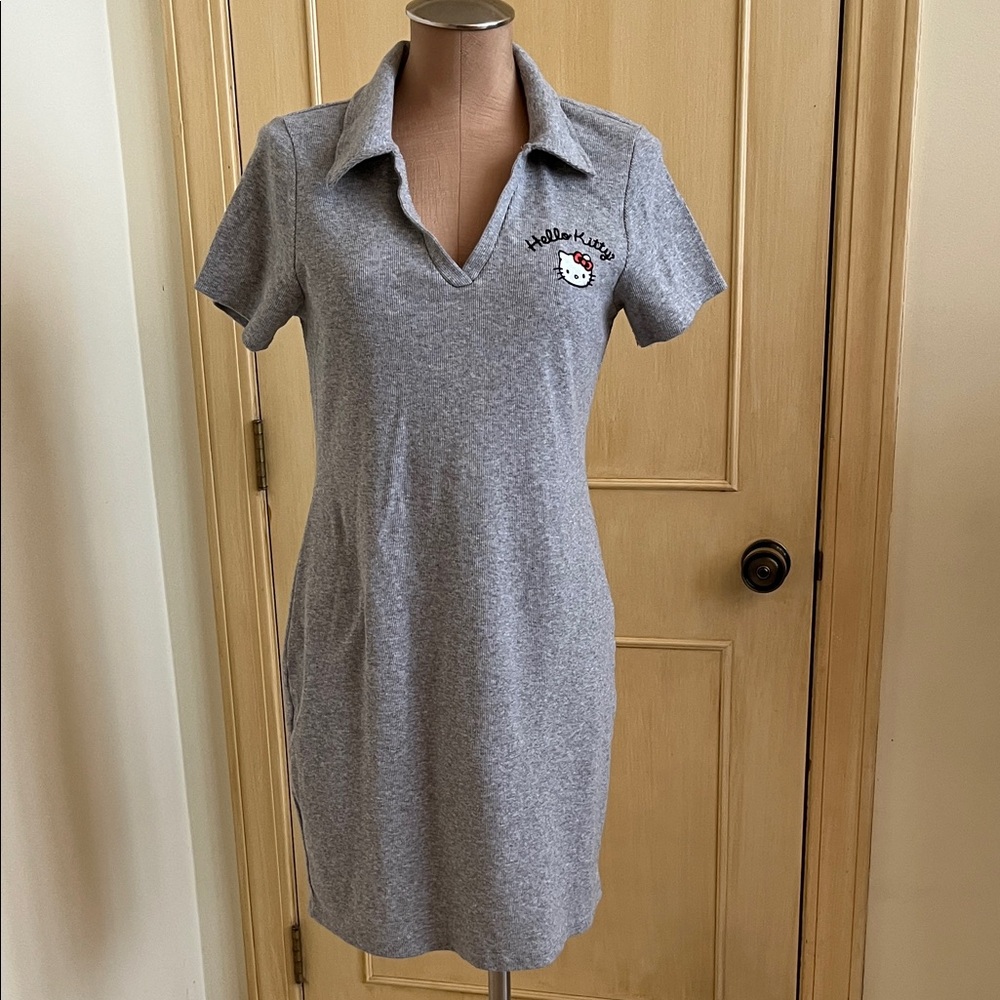 HELLO KITTY by Sanrio Polo Johnny Collar Stretch Rib Knit Grey Short SL Dress XL
